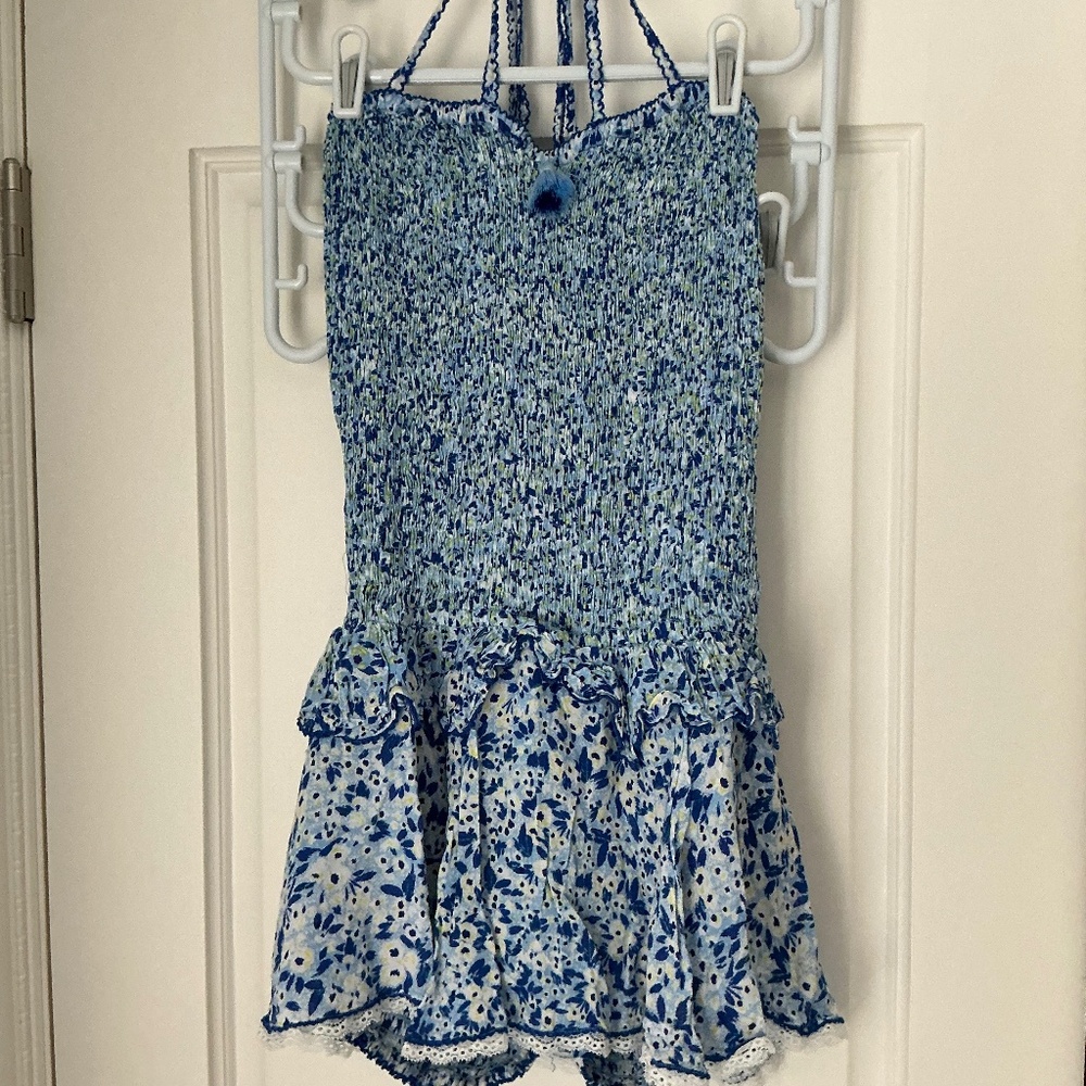 Poupette St Barth smocked bandeau mini dress / blue icy liberty / small